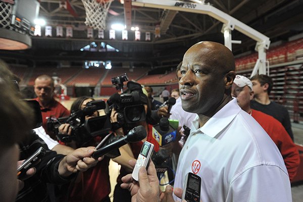 Arkansas coach Mike Anderson speaks to reporters on Wednesday, April 15, 2015, at Bud Walton Arena in Fayetteville. 