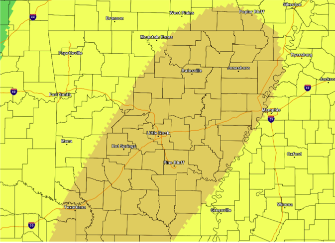 A graphic from the National Weather Service shows that the state has an "enhanced" threat of severe weather for Sunday, April 19, 2015. The enhanced threat category means thunderstorms will have damaging winds and hail, with a slight chance of tornadoes. 