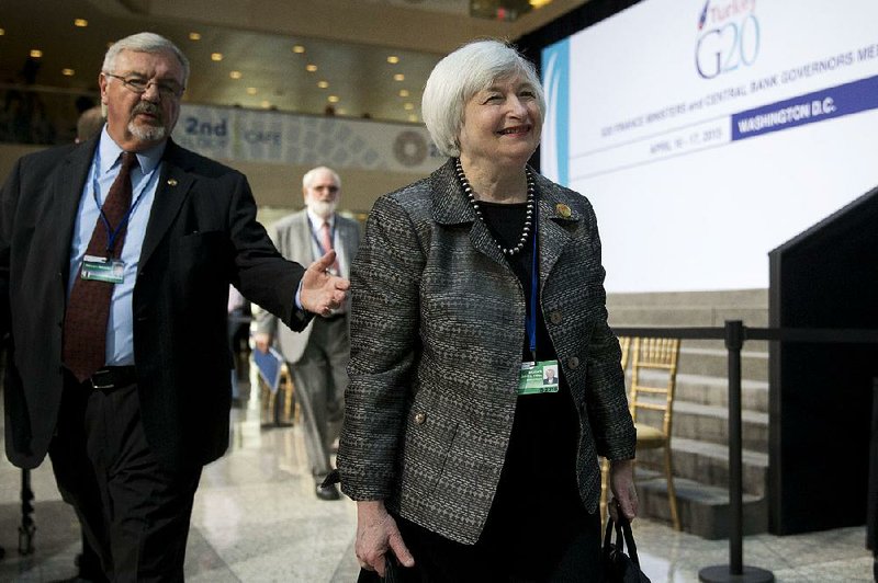 Federal Reserve Chairman Janet Yellen arrives Friday for a Group of 20 meeting of central bank governors and finance ministers in Washington, D.C. 