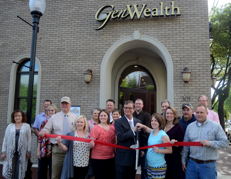 The Chamber of Commerce hosted a ribbon cutting ceremony to celebrate the opening of the new GenWealth office at 301 North Washington Ave. on Wednesday. Pictured are, front row, from left, Rita Taunton, Joy Olivier, Mayor Frank Hash, Ginger Young, Chanel Hicks, John Shrewsbury, Janet Walker, Heather Crake and Buddy McAdams; back row, from left, Steve Olivier, Mary McAdams, Jay Helm, Jeff McNabb, Jeremy Stratton, Howard Cupp and John Lowery.