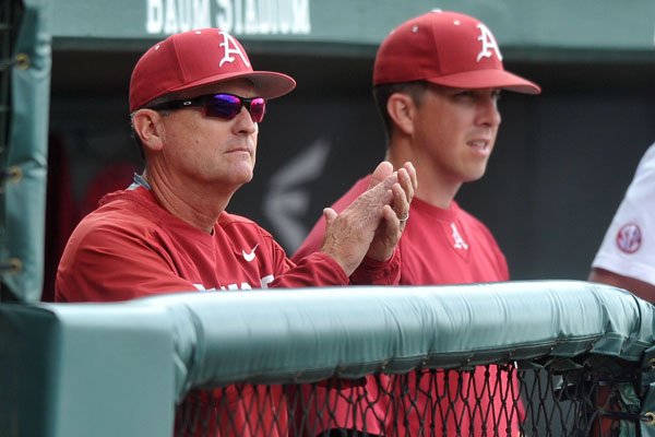 Arkansas coach Dave Van Horn watches his team from the dugout during the Stephen F. Austin game Wednesday, April 15, 2015, at Baum Stadium.