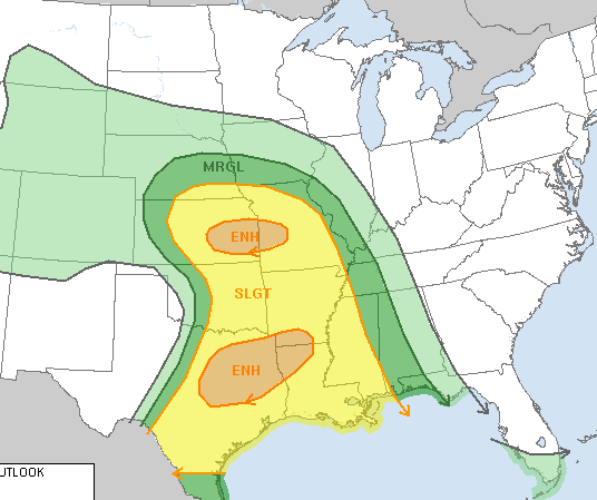 This Storm Prediction Center graphic shows most of Arkansas under a slight risk for severe weather on Friday with part of the state under an enhanced risk.
