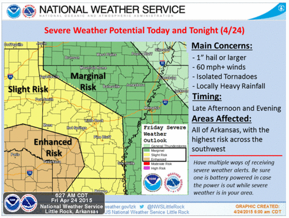 This National Weather Service graphic shows areas in the state under different risk levels for severe storms Friday.