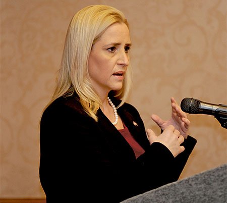 The Sentinel-Record/Mara Kuhn Arkansas Attorney General Leslie Rutledge speaks Saturday at the Arkansas Associated Press Managing Editors Association conference at Embassy Suites Hot Springs Hotel & Spa. Rutledge announced new programs to benefit military service members and rural Arkansans.