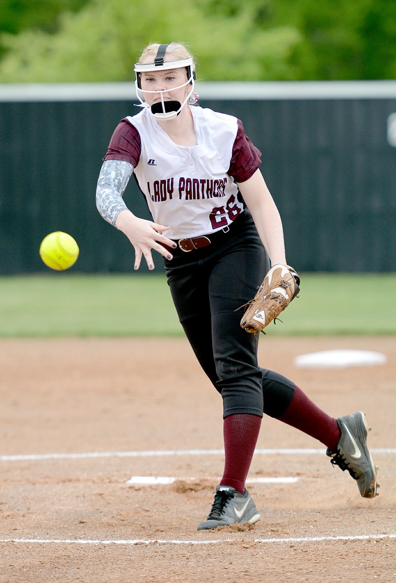 Bud Sullins/Special to Siloam Sunday Siloam Springs sophomore Hannah Evans throws a pitch against Alma on Thursday at La-Z-Boy Sports Complex. Evans and the Lady Panthers were defeated 9-2.