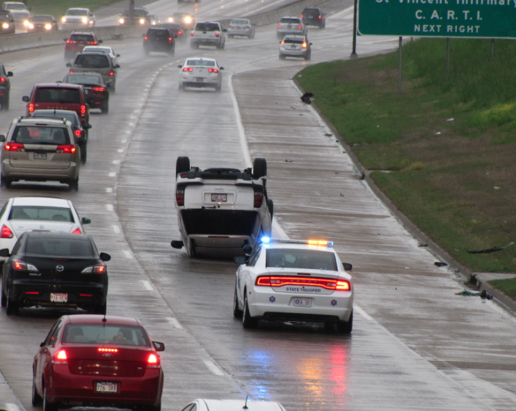 An SUV toppled in a Monday, April 27, 2015 wreck on Interstate 630.