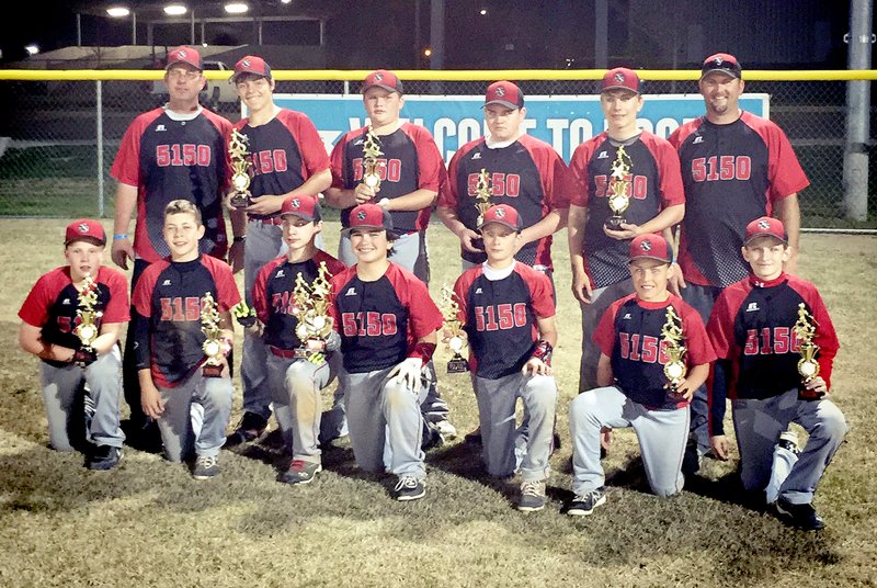 Photo submitted 5150 Baseball, a 13-and-under Siloam Springs USSSA baseball team, won the King of the Hill tournament in Rogers held April 10-12. The team won the championship by going 6-0 for the weekend. Pictured are team members, front row from left, Stew Bivens, Chance Kolysko, Jacob Robbins, Chance Hilburn, Reed Willbanks, Isaac Price, Cole Oswald; and back row from left, coach Allen Broyles, Tristan King, Dalton Cook, Noah Clay, Tanner Broyles and coach Nick Willbanks.