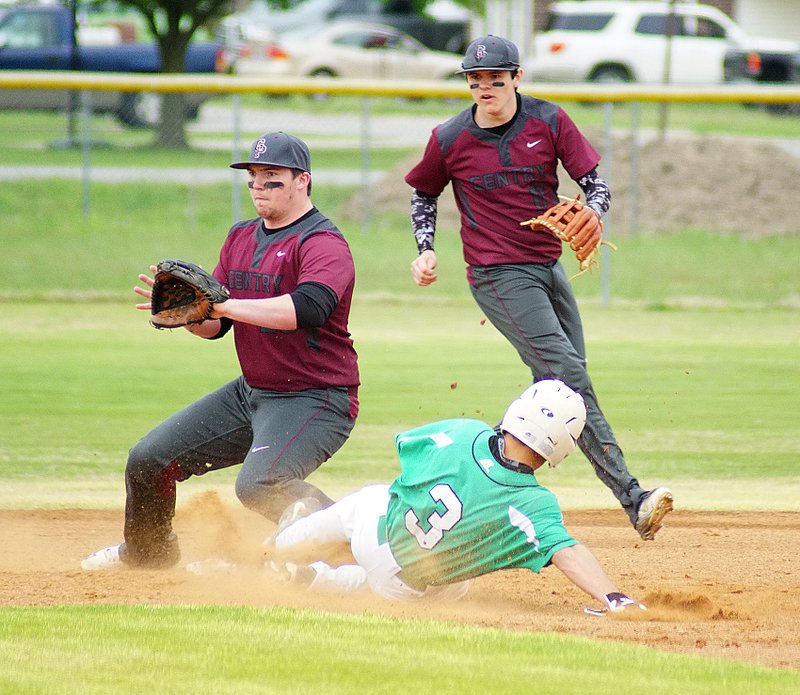 Photo by Randy Moll Dustin Stoufflet awaits the throw from home as a Greenland base runner steals second during play between the two teams on Thursday. Covering behind second is Jacob Lothes.