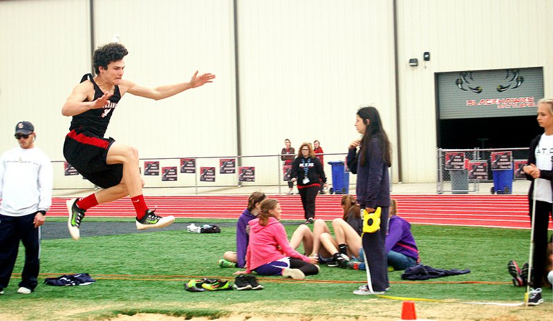 Jr. Blackhawk Drew Winn won first place in long jump in the District meet Thursday with a jump of 19&#8217;11&#8221;. Winn earned high point of the track meet scoring 40 points winning the high jump, triple jump, long jump and 400 meter open.