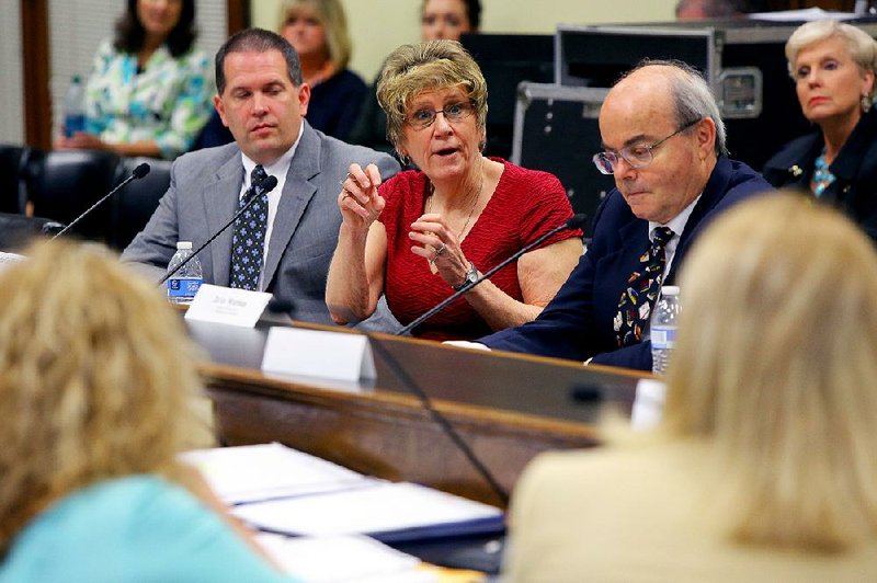 Panelist Linda Griffith answers questions Wednesday during the second hearing of the Governor’s Council on Common Core Review at the state Capitol in Little Rock. 
