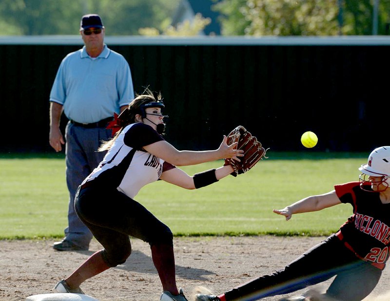 Bud Sullins/Special to Siloam Sunday Siloam Springs senior shortstop Morgan Pack waits for relay throw at second base Wednesday during the Lady Panthers&#8217; 7A/6A-Central Conference game against Russellville at La-Z-Boy Sports Complex. Russellville defeated the Lady Panthers 12-9.