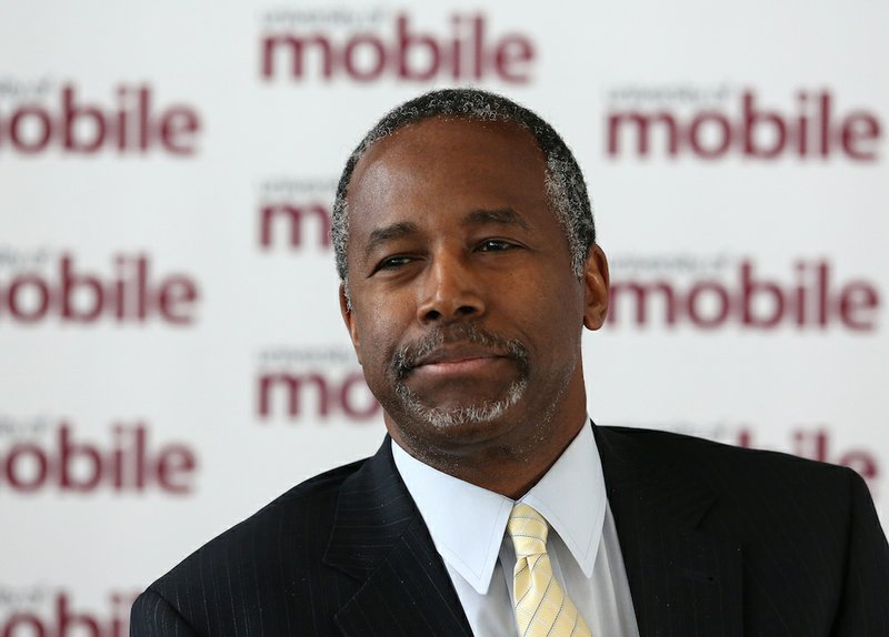 Potential Republican 2016 presidential candidate Ben Carson speaks to the media at the Arthur Outlaw Mobile Convention Center in Mobile, Ala., before he was to deliver a speech at a fundraising dinner for the University of Mobile, on Thursday, April 30, 2015, in Mobile, Ala. 