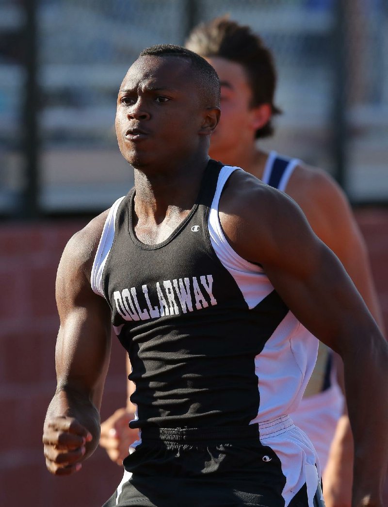 Henri Murphy, of Dollarway, sprints ahead on his way to winning the boys 100m dash during the 4A State Championship Track Meet at Heber Springs High School.