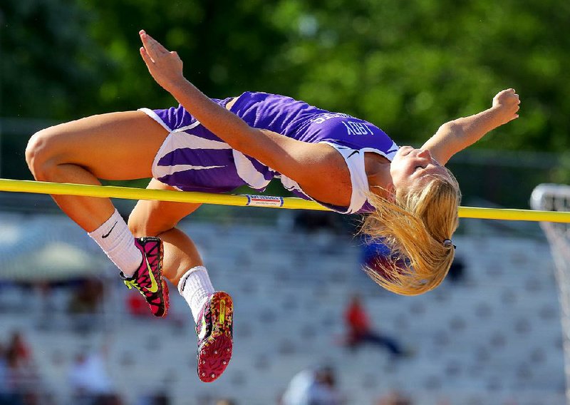 Hannah Nobel of Berryville clears the bar to win the high jump at 5 feet, 6 inches in the Class 4A state track and field meet at Heber Springs High School on Monday. 