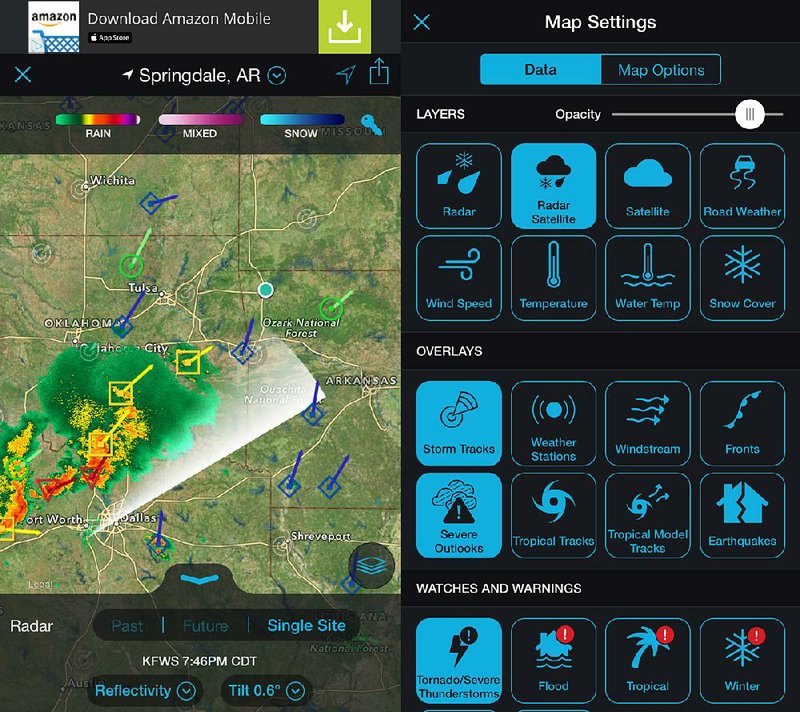 The Storm app from Weather Underground includes a radar (left) that has storm tracks color coded to show the type of threat. Layers and overlays (right) can be added to the radar, including severestorm watches and warnings, satellite imagery and wind speed. 