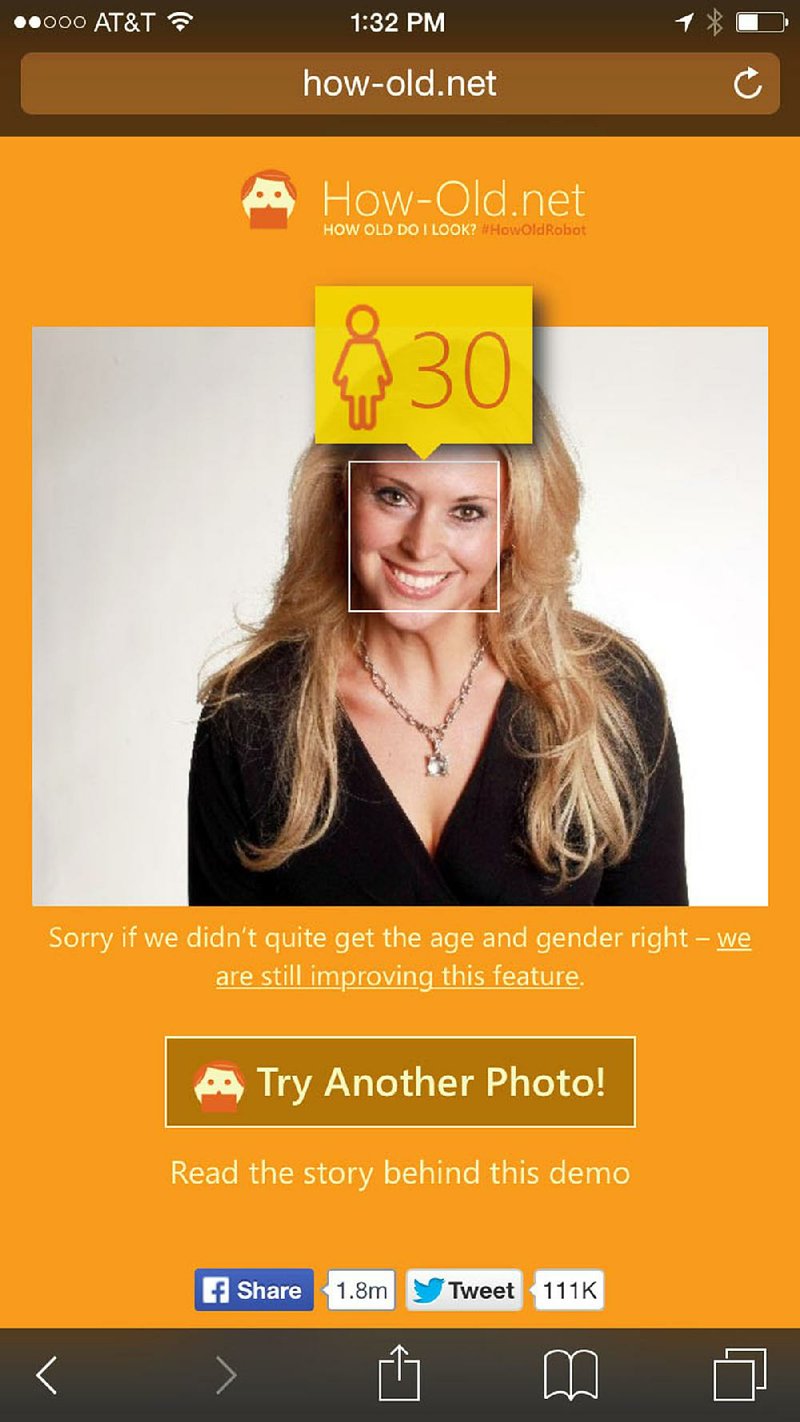 How-Old.net guesses age based on an uploaded photo, as shown in this screen capture of the columnist’s logo photo.