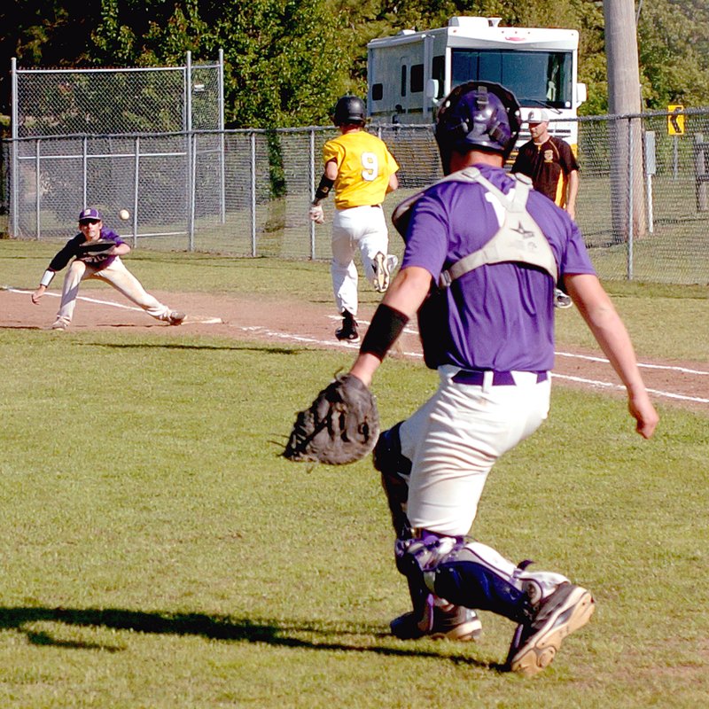 MARK HUMPHREY ENTERPRISE-LEADER Prairie Grove&#8217;s Patrick Perdue is thrown out at first after a bunt. The Tigers prevailed in a comeback win over Berryville in the District baseball tournament quarterfinal on May 1 to qualify for the 4A North Regional.