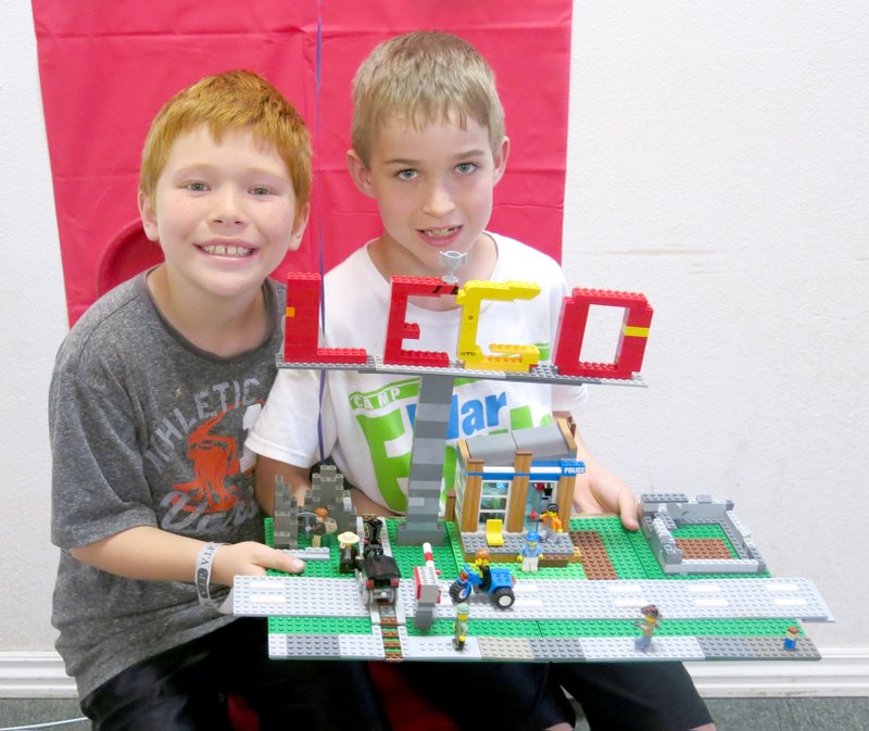 Photo by Susan Holland Noah Cartwright and Levi Carnahan, both 9, of Gravette, won the prize for the most creative entry in Imagine&#8217;s third annual Great Lego Build-off. Noah is the son of Cory and Lindsey Cartwright and Levi is the son of Darren and Kimberly Carnahan.