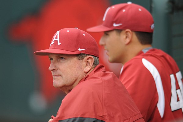 Arkansas coach Dave Van Horn watches during batting practice before the start of play against LSU Thursday, March 19, 2015, at Baum Stadium in Fayetteville.
