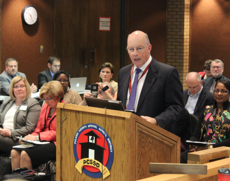 New Little Rock School District Superintendent Baker Kurrus speaks Thursday to the state Board of Education at its monthly meeting, which was held at Pulaski County Special School District headquarters.