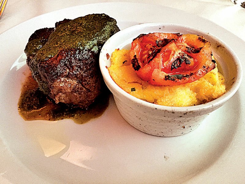 The Coffee Crusted Filet Mignon, served with a side of cheesy polenta, is exceptional comfort food. 