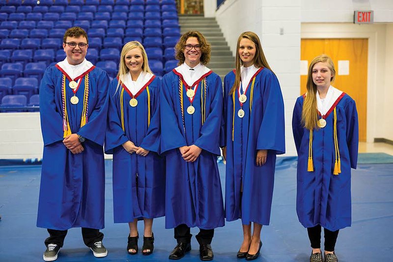 Five Greenbrier High School seniors and the school district will make history today when the students are awarded associate degrees from the University of Arkansas at Little Rock along with their high school diplomas. The students, from left, are William Ratliff, Hailey Marcus, Jackson Hedrick, Emily Chambers and Jenna Kirk. The GHS-UALR Associate Degree Program is the first in the state. 