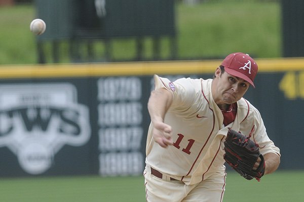 Arkansas' Keaton McKinney throws a pitch during a game against Tennessee on Sunday, May 10, 2015, at Baum Stadium in Fayetteville. 