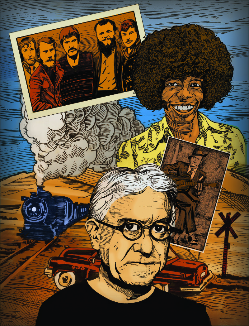 Author Greil Marcus (front) is the author of Mystery Train, regarded as one of the finest books written on American popular culture. The subjects of the book include (from top) The Band, Sly Stone and Robert Johnson. The book, published in 1975, has been revised for its 40th anniversary.