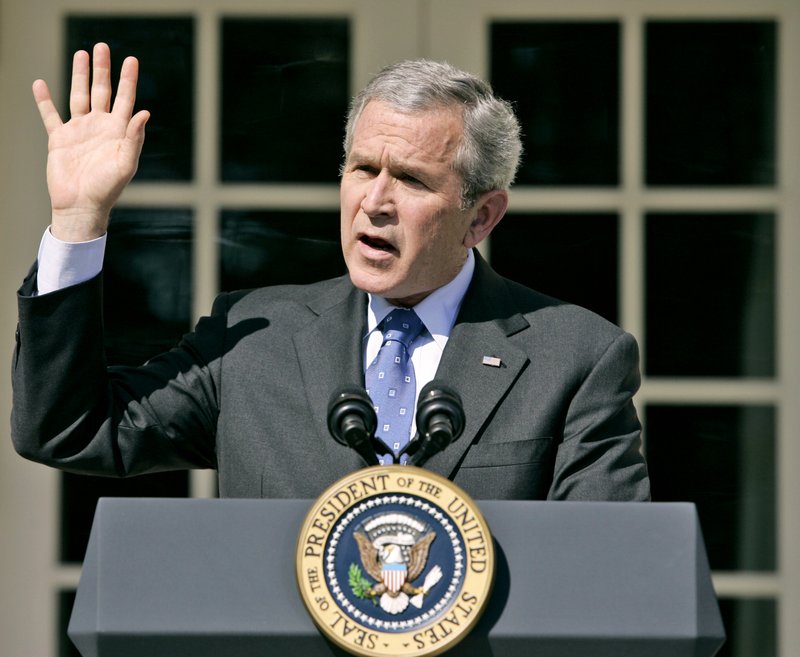 Still a hot topic: In this April 3, 2007 file photo, President Bush speaks about the congressional debate on Iraq war spending, in the Rose Garden of the White House in Washington.