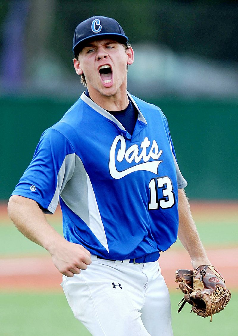 Conway reliever Cade Tucker celebrates after a check-swing attempt was ruled a strikeout for the fi nal out during Saturday’s Class 7A state baseball tournament semifinal game against Fayetteville at Bulldog Field in Fayetteville.