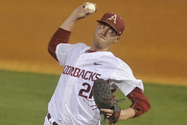 Arkansas pitcher Trey Killian throws a pitch during an SEC Tournament game against Tennessee on Tuesday, May 19, 2015, at Hoover Metropolitan Stadium in Hoover, Ala. 