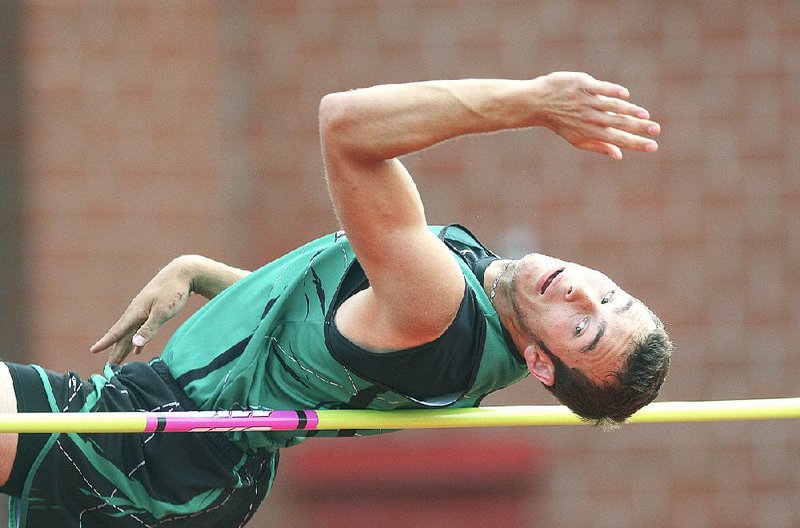 Genoa Central’s Hayden Hampton cleared 6 feet, 4 3/4 inches for the best effort in the high jump at the state high school decathlon Wednesday at Cabot High School. Hampton scored 758 points in the event and is in 10th place with 3,093 total points entering the final day of competition. 