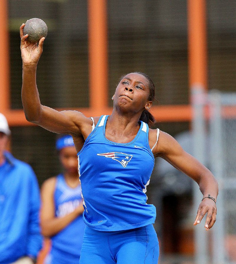 Little Rock Parkview’s Jada Baylark finished with distance of 28 feet, 0 1/4 inches in the shot put Thursday at the state high school heptathlon in Cabot. Baylark finished with a total of 4,334 points, good enough for third place behind Cabot twins Lexi (4,481) and Tori Weeks (4,480).