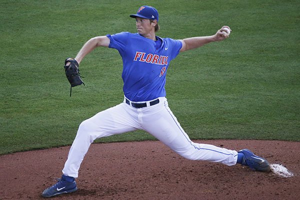 Florida pitcher A.J. Puk delivers against Arkansas during the first inning of a Southeastern Conference college baseball tournament game, Friday, May 22, 2015, in Hoover, Ala. (AP Photo/Brynn Anderson)