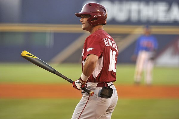 Arkansas center fielder Andrew Benintendi watches during a game against Florida on Friday, May 22, 2015, at Hoover Metropolitan Stadium in Hoover, Ala. 