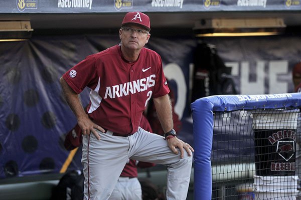Arkansas coach Dave Van Horn watches from the dugout during a game against Florida on Friday, May 22, 2015, at Hoover Metropolitan Stadium in Hoover, Ala. 