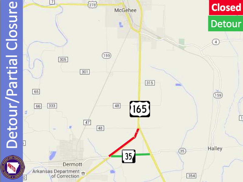 This Arkansas Highway and Transportation Department map shows a detour around a portion of U.S. 165 that will close for surface improvements starting June 2. 