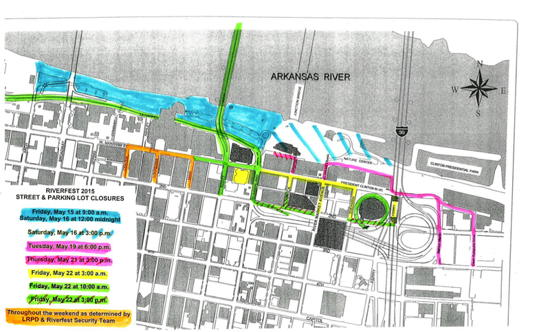 The highlighted streets are scheduled to close this weekend for Riverfest.