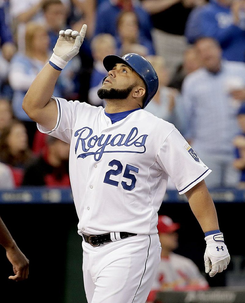 Kansas City designated hitter Kendrys Morales celebrates as he crosses home plate after hitting a two-run home run during the third inning of the Royals’ 5-0 victory over the St. Louis Cardinals on Friday at Kaufmann Stadium in Kansas City.