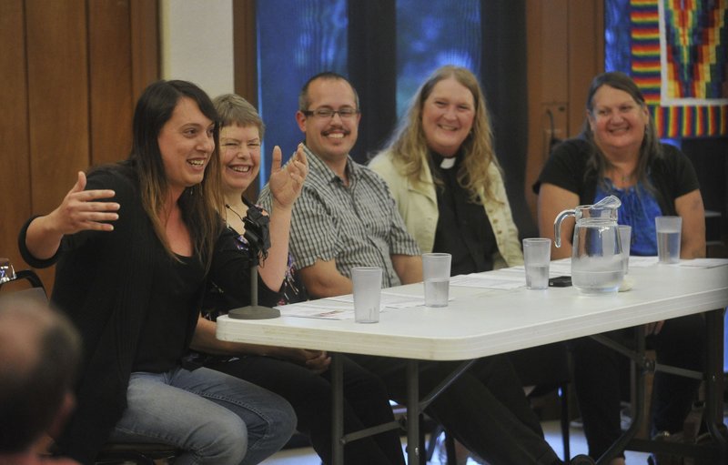 NWA Democrat-Gazette/MICHAEL WOODS w@NWAMICHAELW The Unitarian Universalist Fellowship in Fayetteville on Saturday presented members of the LGBTQ community sharing stories of their faith. They included (left to right) Justine Morgan Turnage, vice president of of the Transgender Equality Network; Cathy Campbell, president of the Northwest Arkansas chapter of PFLAG; Raymond M. Sweet, national lead of Eagle, an LGBTQ employee resource group at Alcoa; the Rev. Gwen Fry, Episcopal priest; and Stephanie Mott, founder and executive director of Kansas Statewide Transgender Education Project.