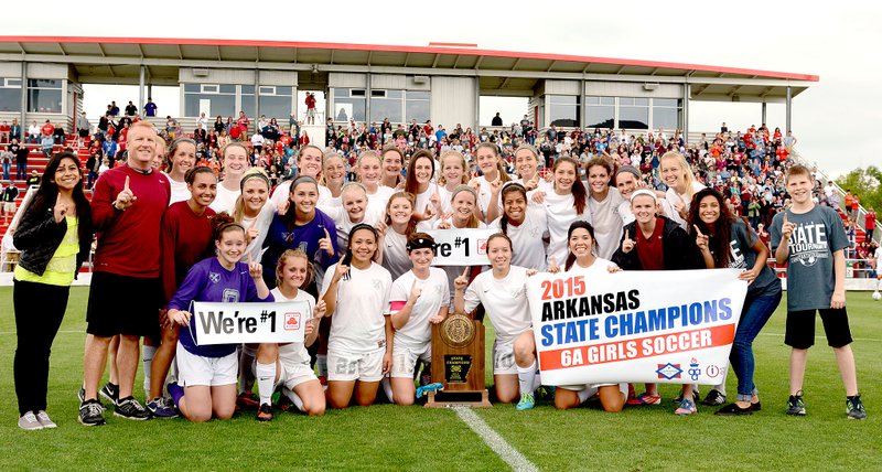 Bud Sullins/Special to Siloam Sunday The Siloam Springs girls soccer team defeated Searcy 1-0 Saturday in the 6A girls state championship game at Razorback Field. The Lady Panthers won their second straight 6A title, having also won it in 2014 with a win against Mountain Home.