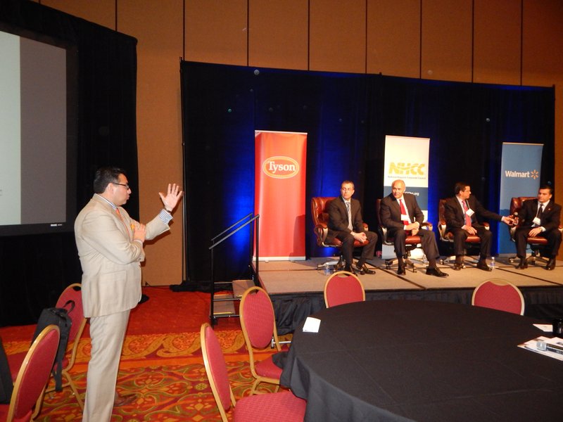 NWA Democrat-Gazette/JOSE LOPEZ Robert Rodriguez (left), founder and president of DRR Advisors, moderates a panel Thursday of senior executives describing how to execute a career advancement plan at the National Hispanic Corporate Council spring summit at the Embassy Suites in Rogers. The executives (from left) Gonzalo Smith, vice president and general counsel of Wal-Mart Latin America; Joe Alvarado, president and chief executive of Commercial Metals Company; Luis F. Rojas, head of learning and development and HR effectiveness leader at Wells Fargo; and Hector Pineda, associate general counsel at Shell Oil Company, participated in the forum.