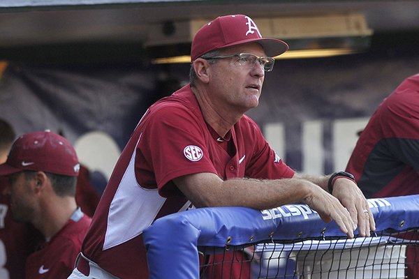 Arkansas coach Dave Van Horn watches from the dugout during a game against Florida on Friday, May 22, 2015, at Hoover Metropolitan Stadium in Hoover, Ala.