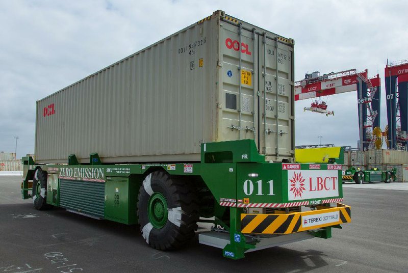 A container is transported by an automated-guided vehicle at the Long Beach Container Terminal earlier this month. 