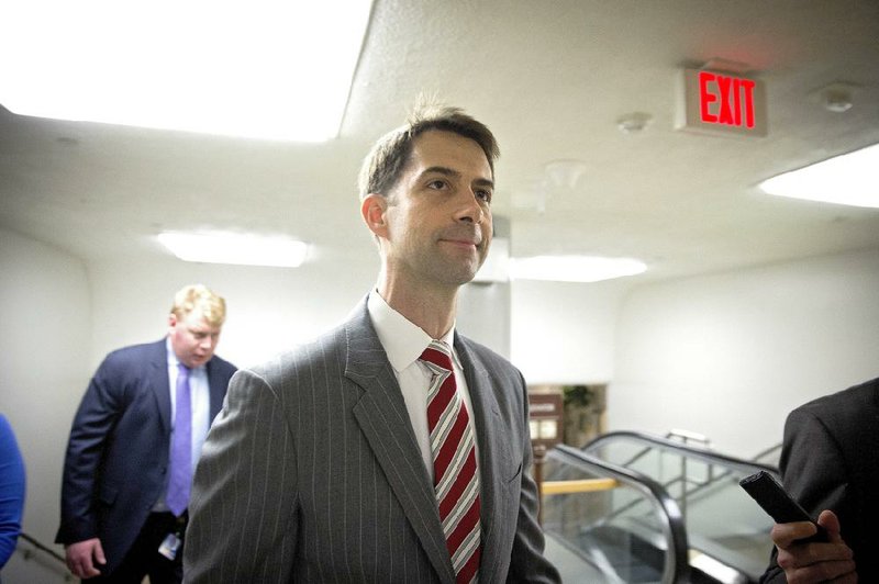 Sen. Tom Cotton (R-Ark.) walks from the Senate subway to a Republican policy luncheon on Capitol Hill in Washington, May 5, 2015. 