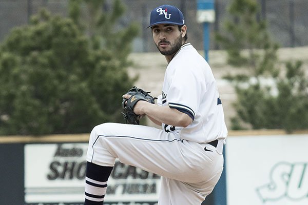 Oral Roberts pitcher Guillermo Trujillo throws during a game against SIU-Edwardsville on Friday, Feb. 20, 2015, at J.L. Johnson Stadium in Tulsa, Okla.