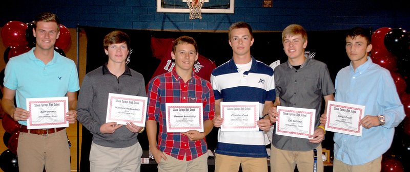 Graham Thomas/Herald-Leader The Siloam Springs baseball team held its postseason awards banquet on May 18 at First Assembly of God Siloam Springs. Pictured are 7A/6A-Central All-Conference selections, from left, senior Raiff Beever, junior Matthew McSpadden, sophomore Dawson Armstrong, sophomore Chandler Cook, junior Zac Bolstad and junior Dodge Pruitt. Beever was also an All-State selection in Class 6A.