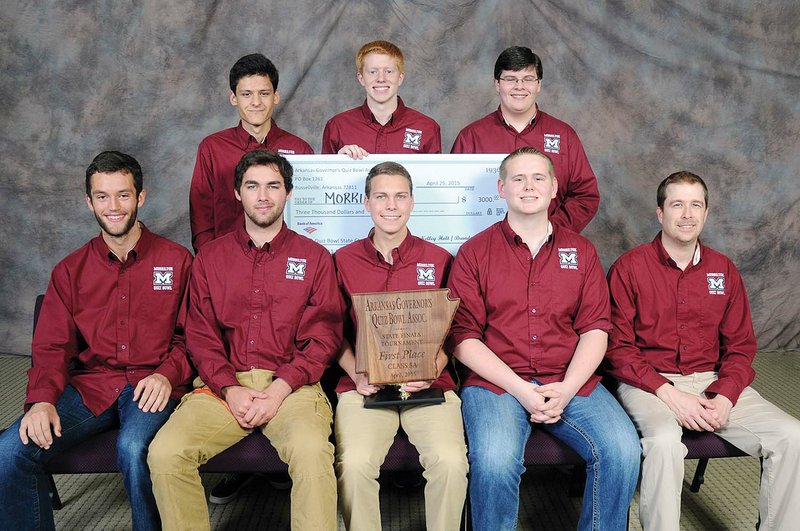 The Morrilton Quiz Bowl Team won the Class 5A state Arkansas Governor’s Quiz Bowl Championship and is headed to national competition today through June 2 in Washington, D.C. Team members are front row, from left, Baxter Yarbrough, Brett Harken, Jonathan Rankin, Thomas Ragland and Cody Vest, coach; back row, from left, Igor Hrtko, John Hopkins and Drew Patterson.