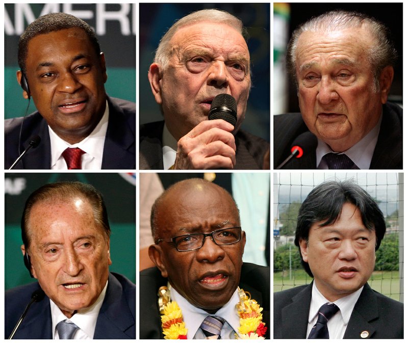 This is a combo of six file photos of the soccer officials involved in the U.S. Justice Department of investigation into corruption at FIFA. From top left clockwise a Jeffrey Webb: Current FIFA vice-president and executive committee member, Concacaf president, Jose Maria Marin Current member of the FIFA organizing committee for the Olympic football tournaments, Nicolas Leoz former FIFA executive committee member and Conmebol president, Eugenio Figueredo current FIFA vice-president and executive committee member, Jack Warner, former FIFA vice-president and executive committee member, Concacaf president, and Eduardo Li, current FIFA executive committee member-elect, Concacaf executive committee member.