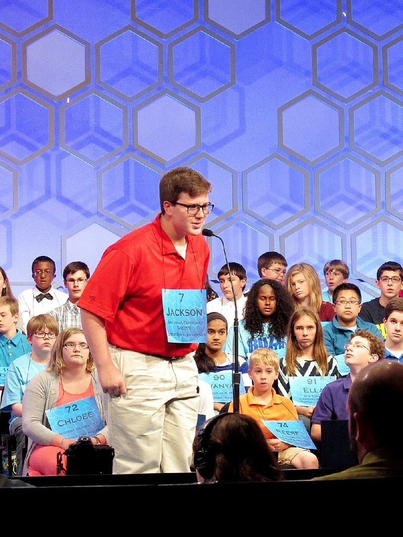 Fourteen-year-old Jackson Parker of Paragould successfully spells “longanimous” Wednesday during the Scripps National Spelling Bee in suburban Washington, D.C. The word describes someone who is “able to bear injuries patiently.” 